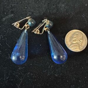 Vintage Plastic Blue Teardrop Clip on Earrings